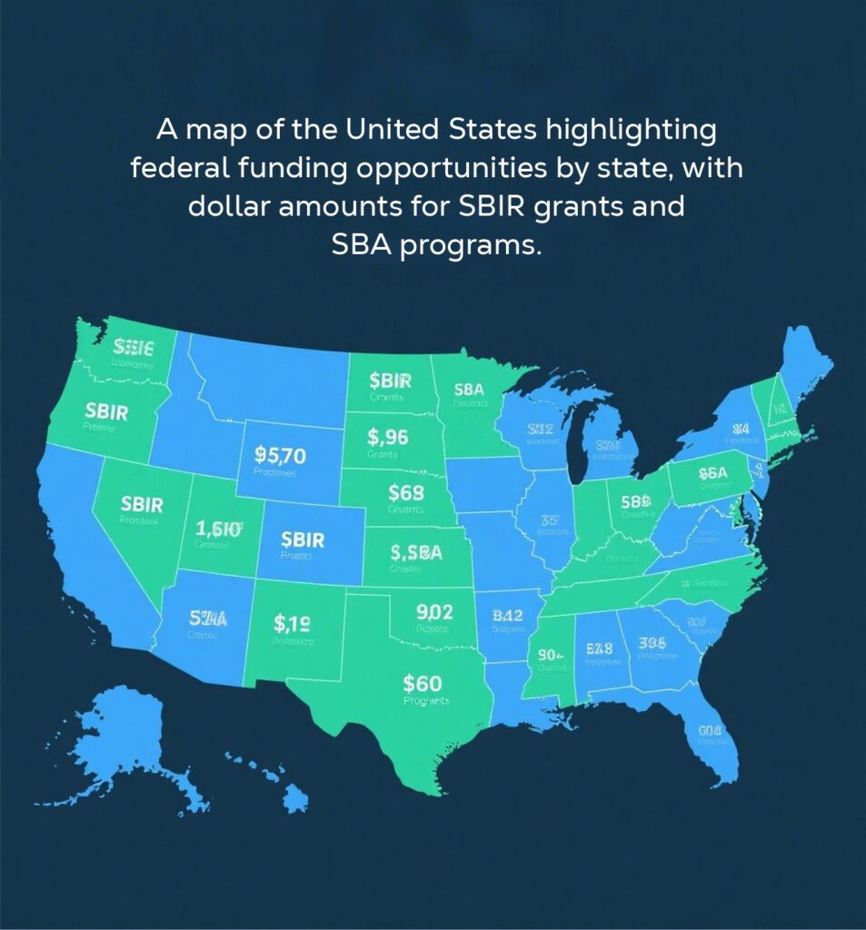 A map of the United States highlighting federal funding opportunities by state, with dollar amounts for SBIR grants and SBA programs.
