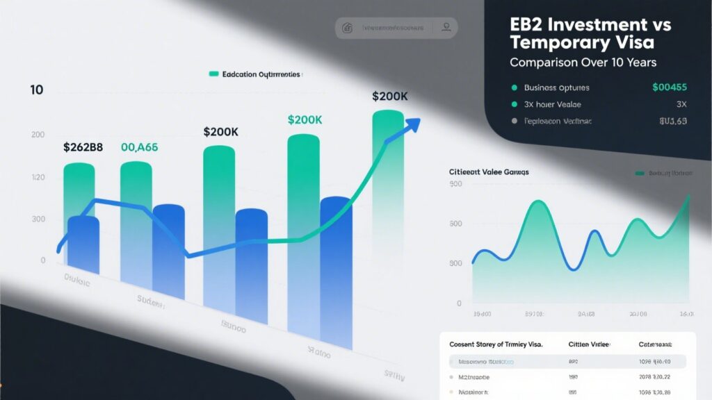 A visual showing the financial returns of EB2 investment over 10 years (education savings, business opportunities, citizenship value) vs. staying on temporary visas. Include concrete numbers like "$200K saved on children's education" and "3x higher business valuation."