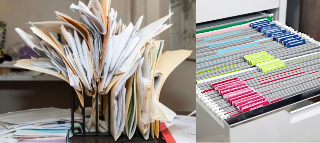 Split-screen graphic showing messy pile of random documents on left vs. organized portfolio with clear tabs on right