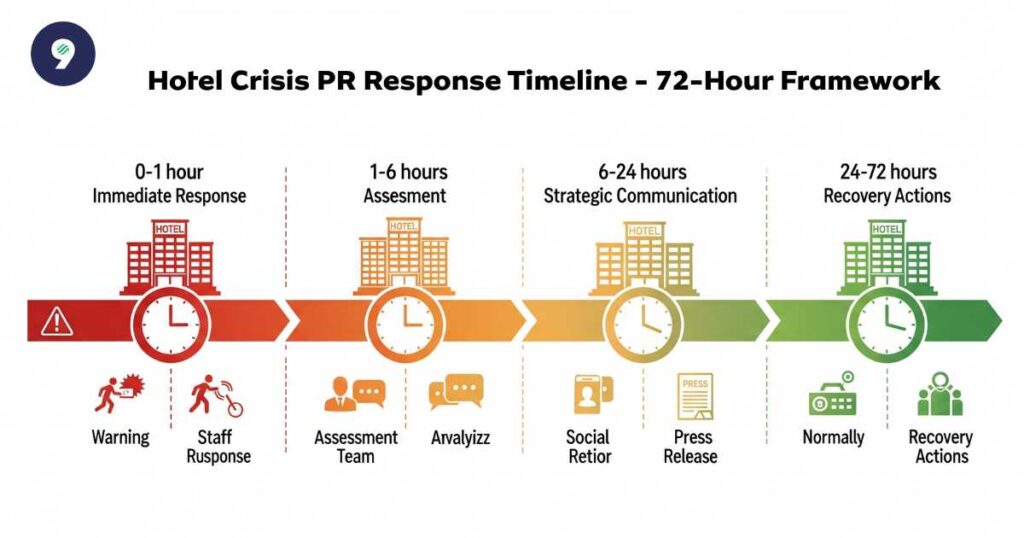 Crisis management timeline infographic for hotel public relations showing 72-hour response framework from immediate response to recovery actions with communication protocols