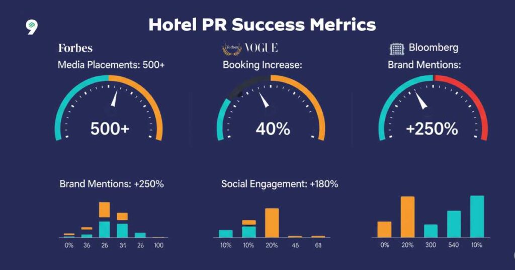 Hotel PR agency success metrics dashboard showing media placements, booking increases, brand mentions, and social engagement rates for hospitality public relations campaigns