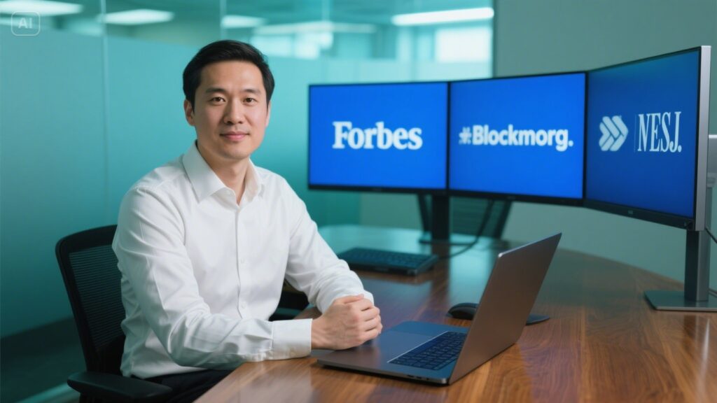 Professional at desk with major media logos (Forbes, Bloomberg, WSJ) displayed on computer screen