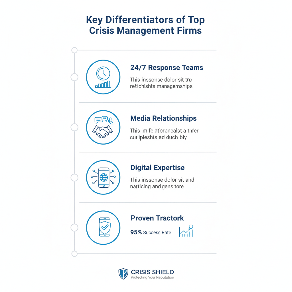 Crisis management PR firms' key capabilities infographic showing essential services and expertise areas