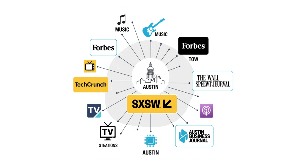 A landscape image of a Network-style diagram showing Austin at center with connections radiating to national media outlets (Forbes, TechCrunch, WSJ), local publications (Austin Business Journal), TV stations, podcasts, with SXSW logo and music/tech icons