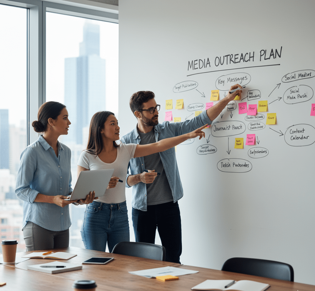 startup founders planning PR strategies with consultants in a coworking space, PR for startups and brand reputation management