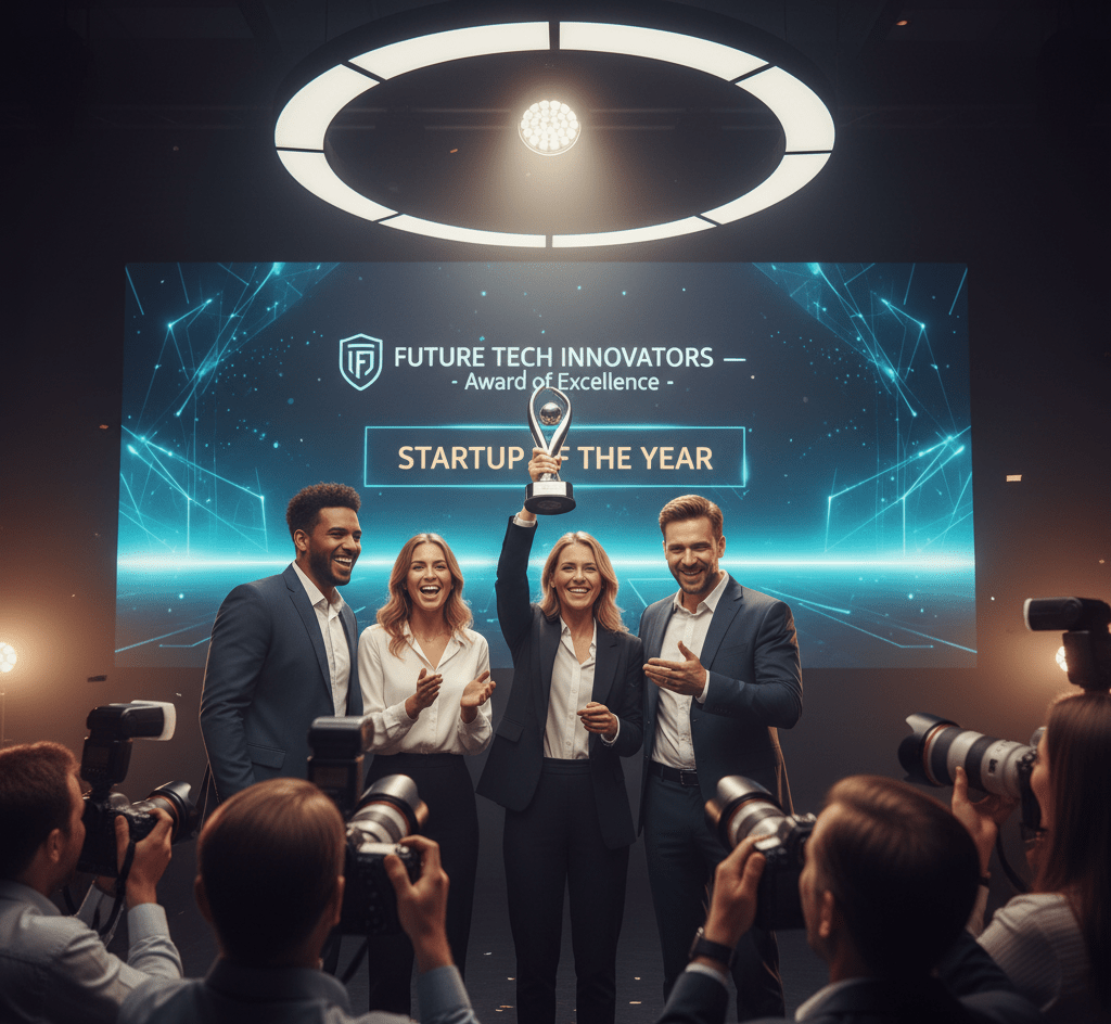 startup team winning award as part of PR for startups and brand reputation management strategy