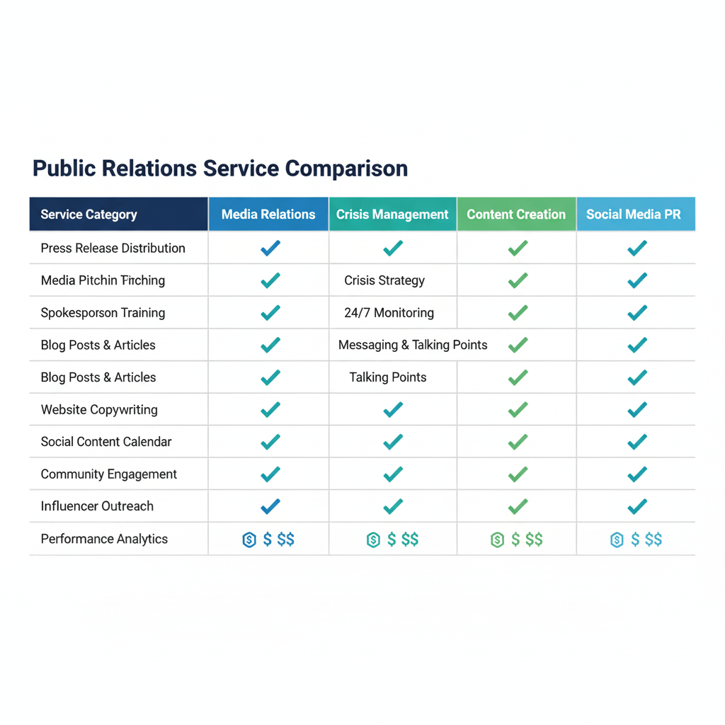 A Landscape image of a Modern comparison table layout showing different PR services (media relations, crisis management, content creation, social media), checkmarks and features, clean typography, professional design with white background and accent colors