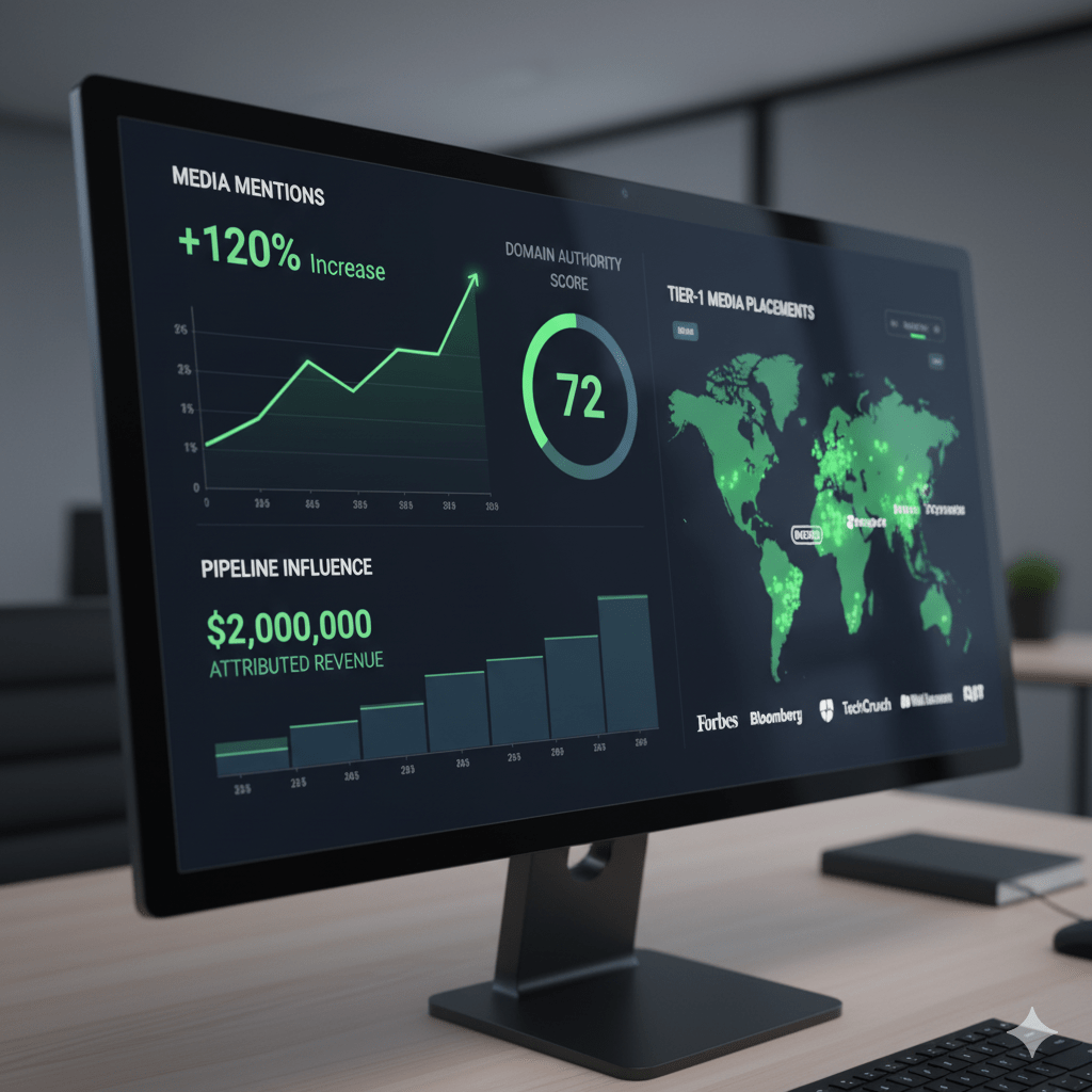 B2B PR Agency ROI dashboard showing media relations impact metrics