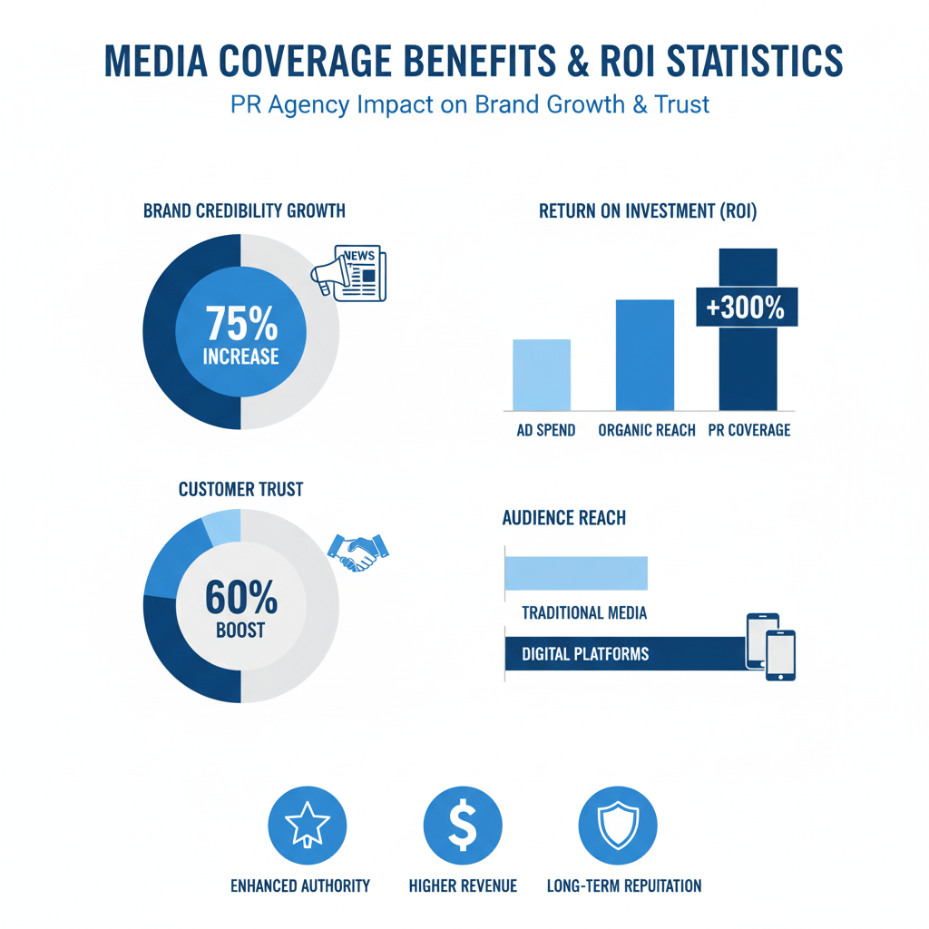 Media coverage ROI statistics infographic showing PR agency benefits and brand credibility impact for businesses