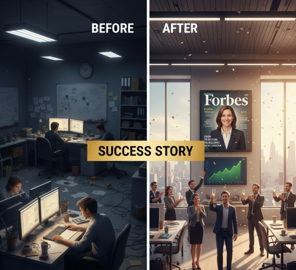 Success story transformation from guaranteed media placements showing business growth after Forbes feature coverage