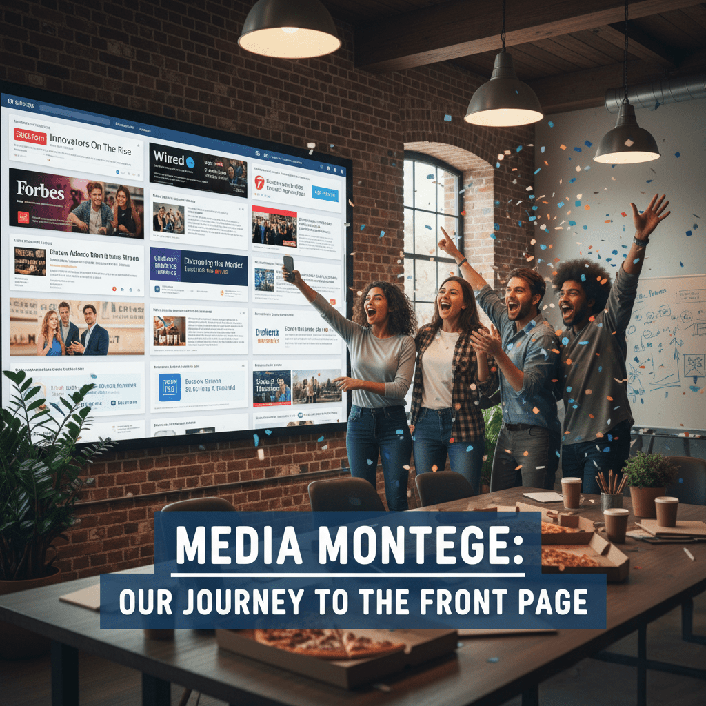  A dynamic illustration of a startup team celebrating while analytics charts rise, with logos of Forbes, WSJ, and TechCrunch floating above, symbolizing successful PR placements.