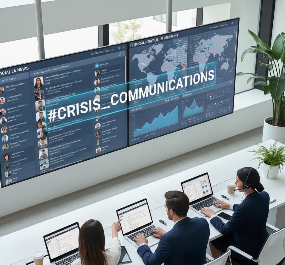PR crisis response team managing a real-time digital crisis using live analytics dashboards.