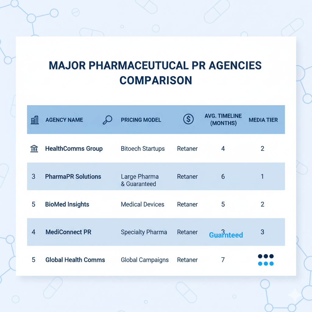 Top PR Firms for Pharmaceutical Companies comparison chart showing agency pricing models and timelines for startup CEOs