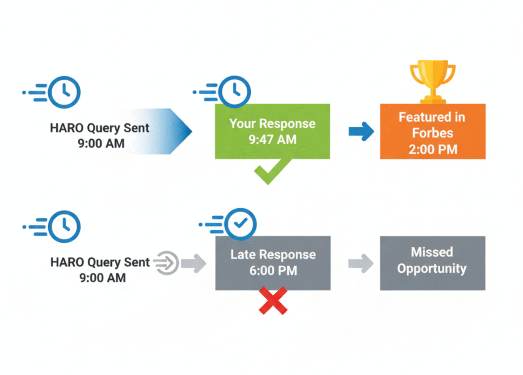 HARO online publicity timeline showing a fast response strategy for media placement success