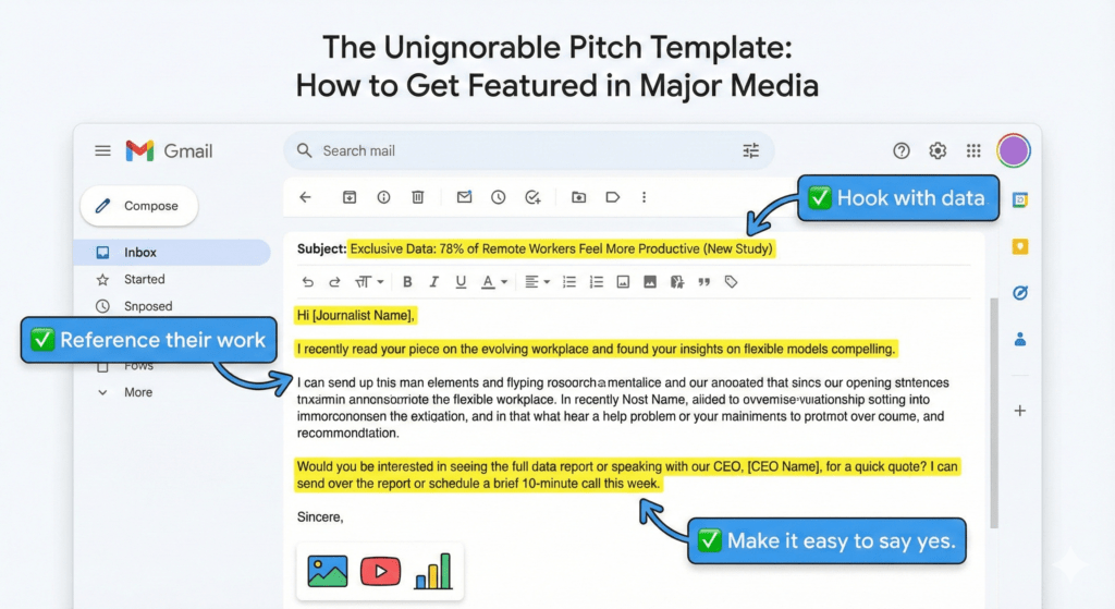 Media coverage for entrepreneurs: annotated email pitch template showing PR strategies for getting featured on news sites