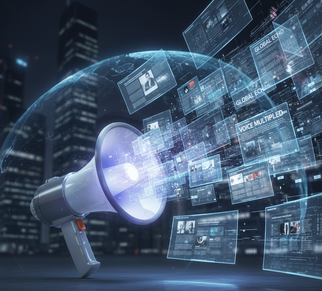 Megaphone morphing into news articles representing how startups amplify stories through PR coverage