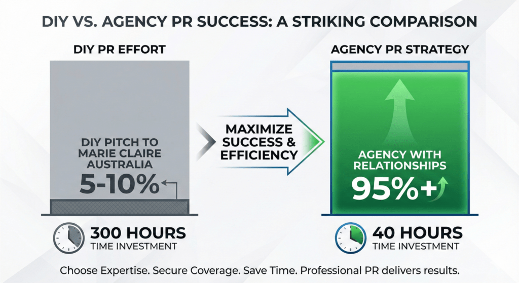 Pitch to Marie Claire Australia success rates comparing DIY approach versus professional PR agency results
