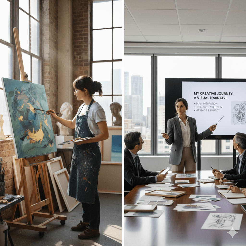 Art magazine submission success through storytelling - artist presenting narrative to magazine editors