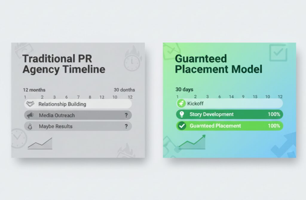 Pharmaceutical PR Agencies timeline comparison showing guaranteed placements vs traditional retainer models for pharma startups