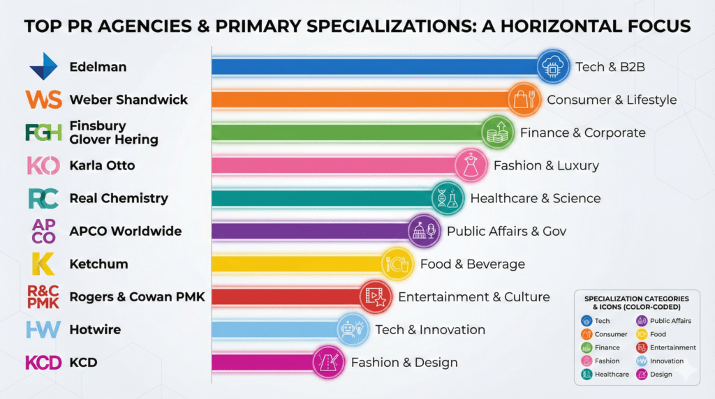 Best PR Firms New York specialization chart comparing the top 10 NYC PR agencies by industry focus