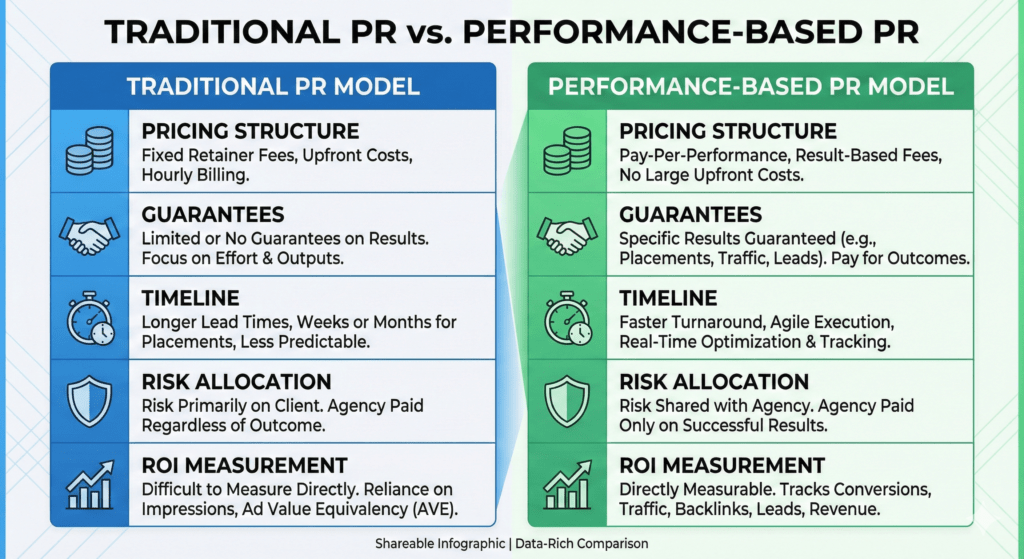 Top Public Relation Companies comparison chart showing traditional versus performance-based PR agency models