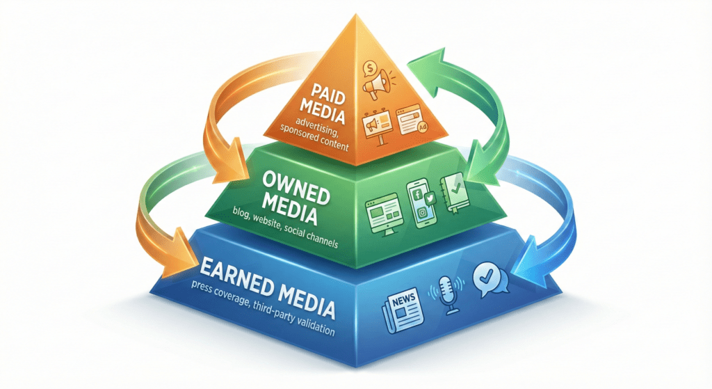 3D Public Relations and Marketing model showing earned owned paid media integration strategy for startups