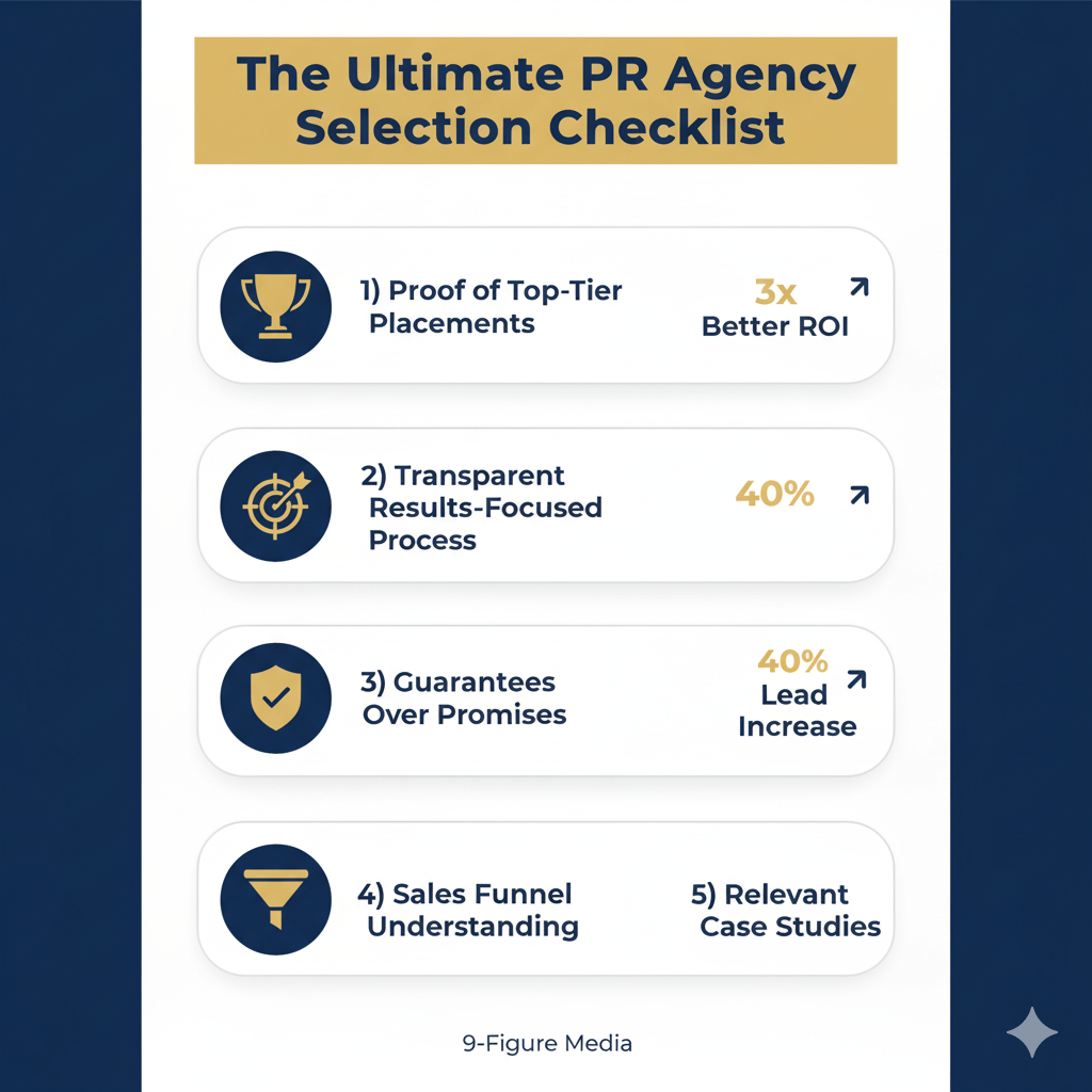 Public Relations Companies NYC selection checklist infographic showing five critical evaluation criteria for choosing the best PR firm