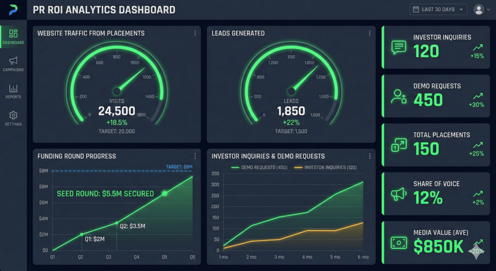 PR performance dashboard showing how Top Public Relation Companies measure ROI for venture-backed startups