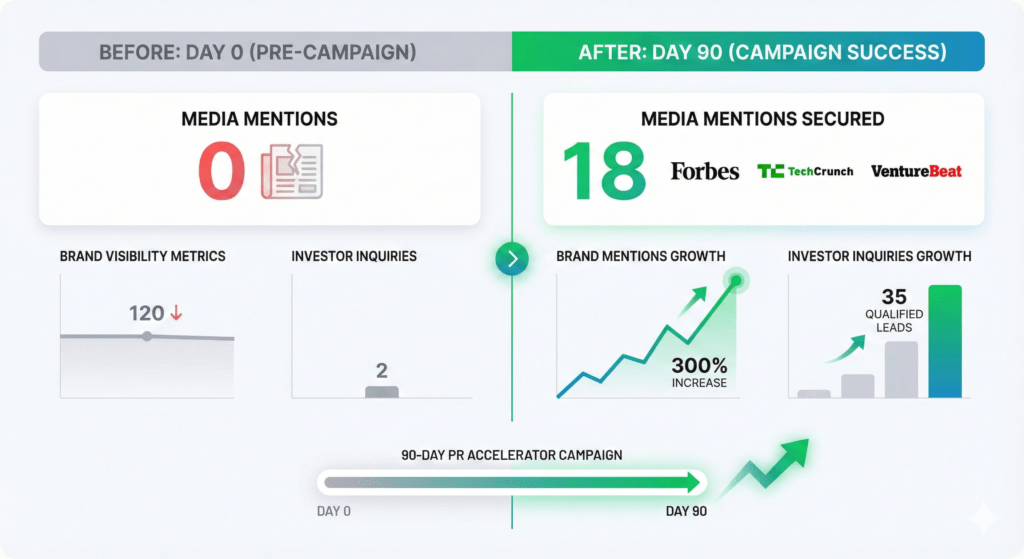  PR firm Boston case study results showing 18 media placements including Forbes and TechCrunch coverage from top public relations firms in Boston Massachusetts