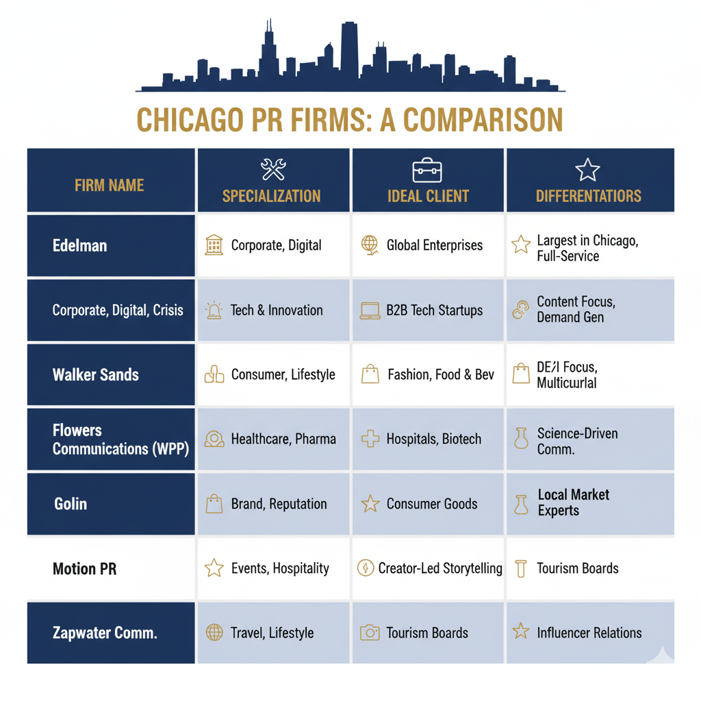 Public Relations Firm Chicago comparison chart showing the top 7 PR agencies and their specializations
