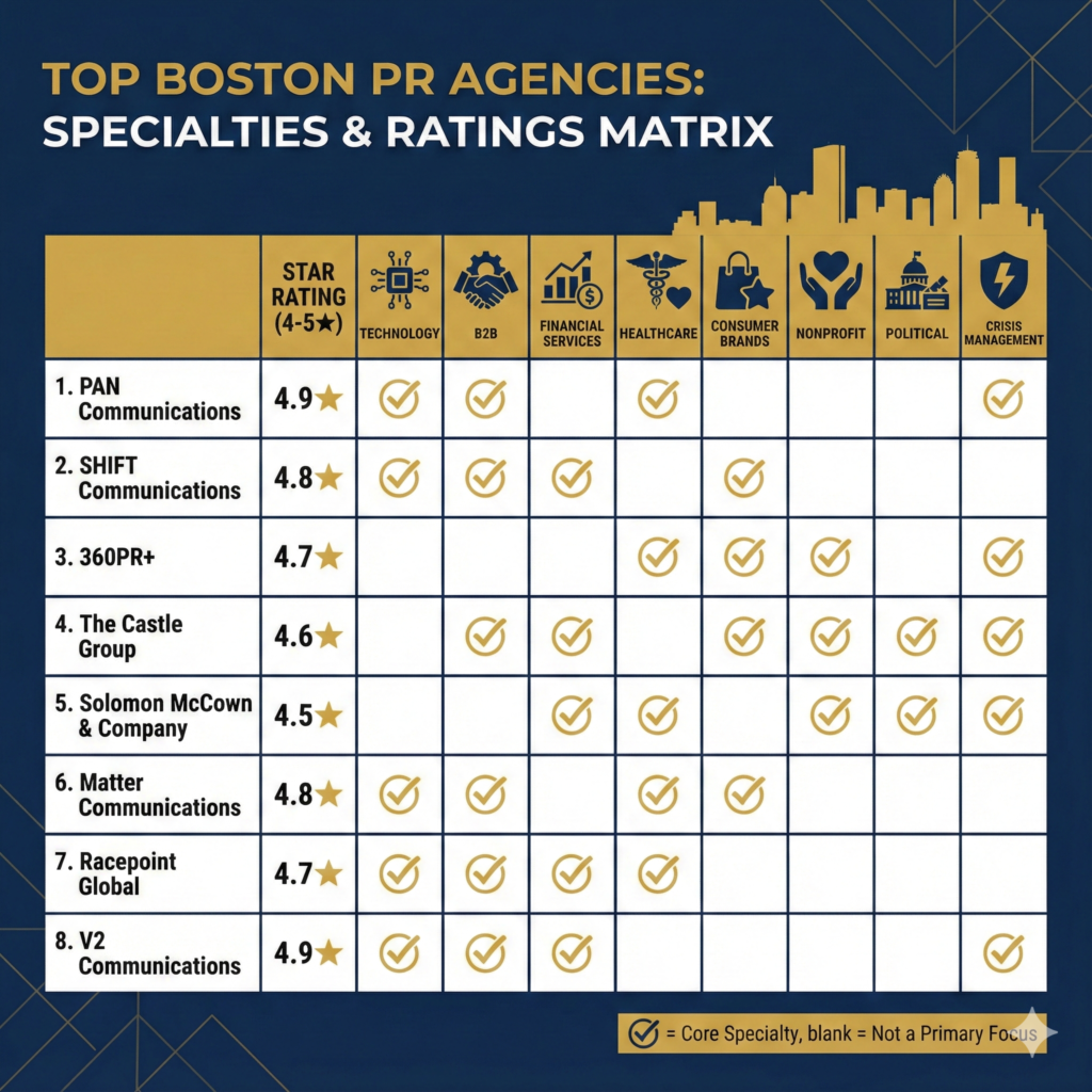 Comparison chart of top Boston PR firms by specialty including technology PR agencies, B2B communications companies, and financial services public relations firms in Boston MA