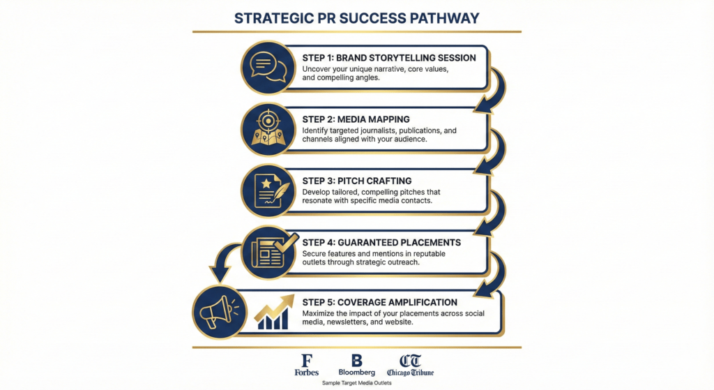Public Relations Firm Chicago guaranteed media placement process infographic showing five strategic steps