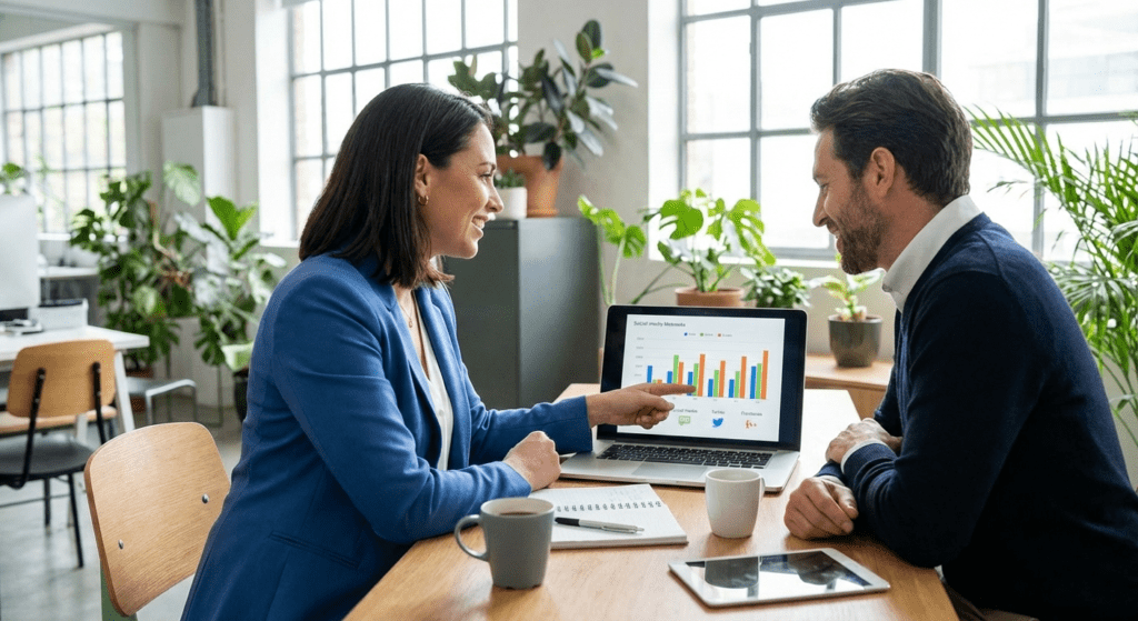 Brand founder and PR consultant reviewing successful social media PR campaign analytics in a modern office.”
