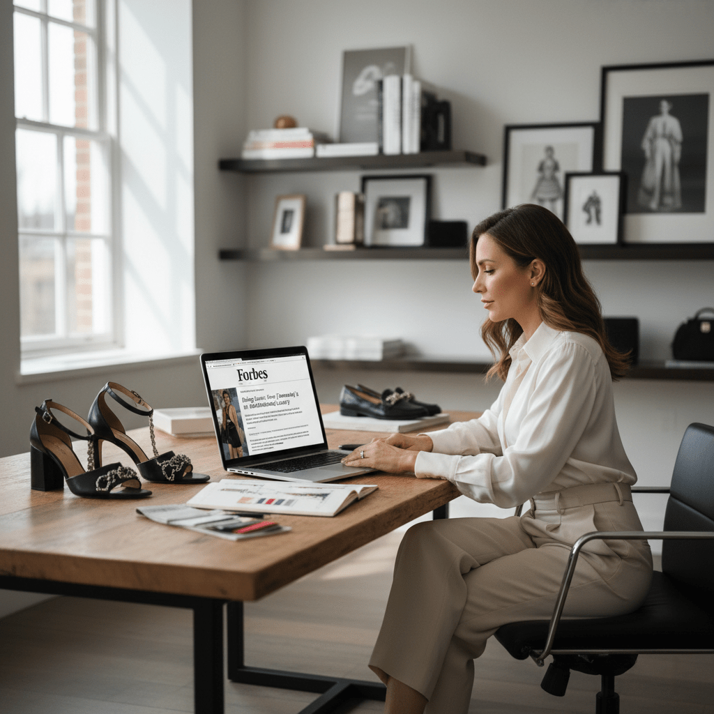 Luxury fashion founder reviewing major media coverage while working on her brand strategy