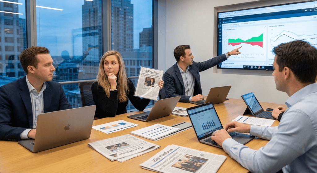 Brand strategy team reviewing PR efforts focused on long-term trust and reputation.