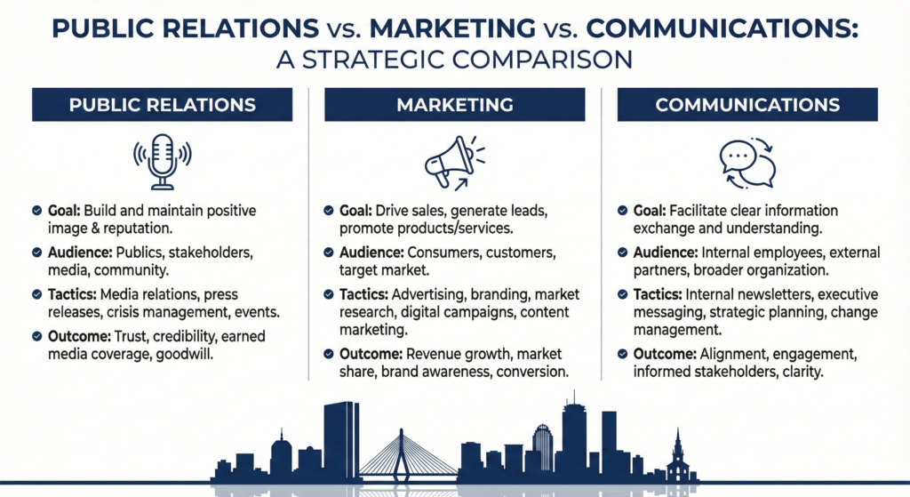 Public Relations Firms Boston infographic comparing PR vs marketing vs communications services