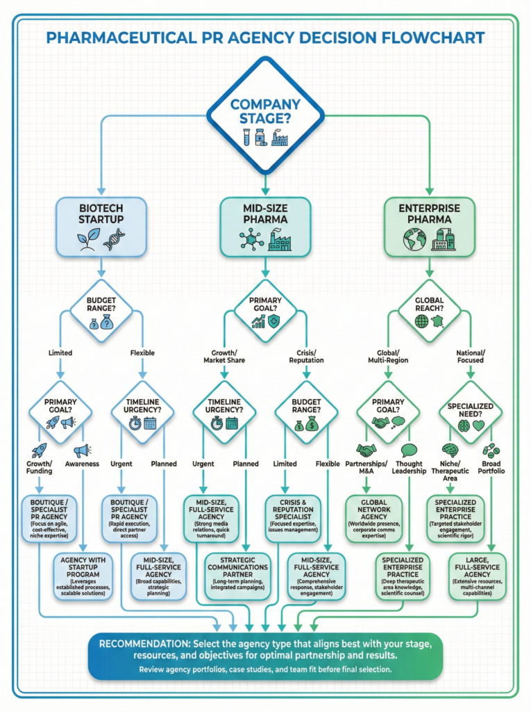 Top Pharma PR Firms decision flowchart helping companies choose the best Pharma PR Agencies USA-based on company stage and goals