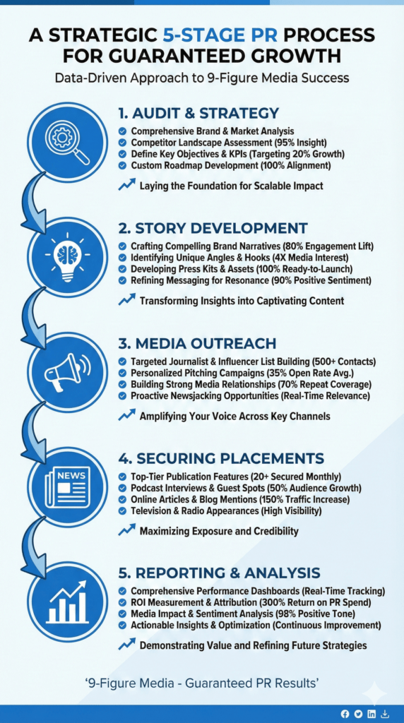 Public Relations Agencies in New York PR process infographic showing five stages from strategy to results