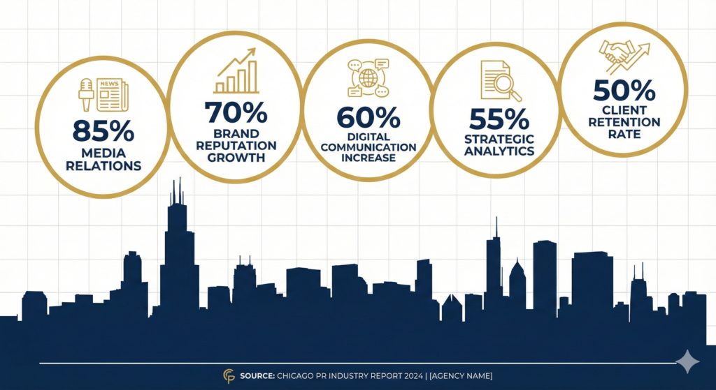 Public Relations Agencies in Chicago infographic showing industry statistics and growth data against Chicago skyline