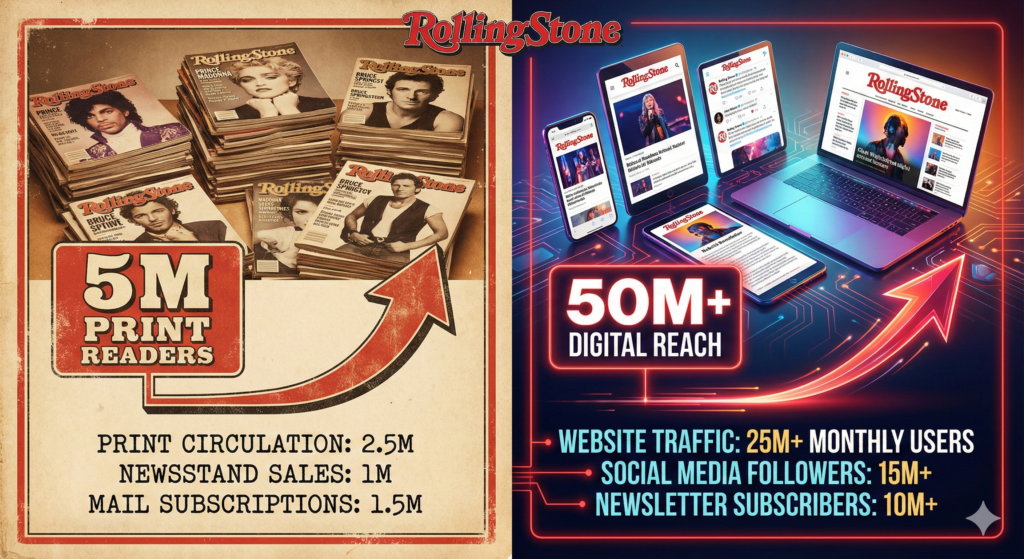 Magazines Rolling Stone audience reach comparison from 1980s print to modern digital platforms