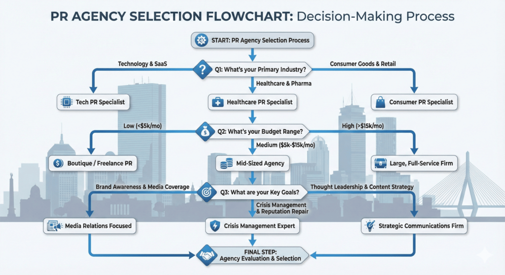 Public Relations Companies in Boston selection flowchart showing how to choose the right PR agency for your business needs