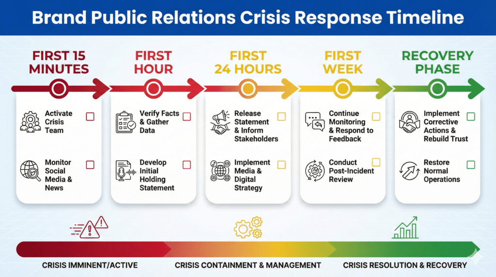 Brand public relations crisis response timeline showing five critical phases and action steps for effective reputation management