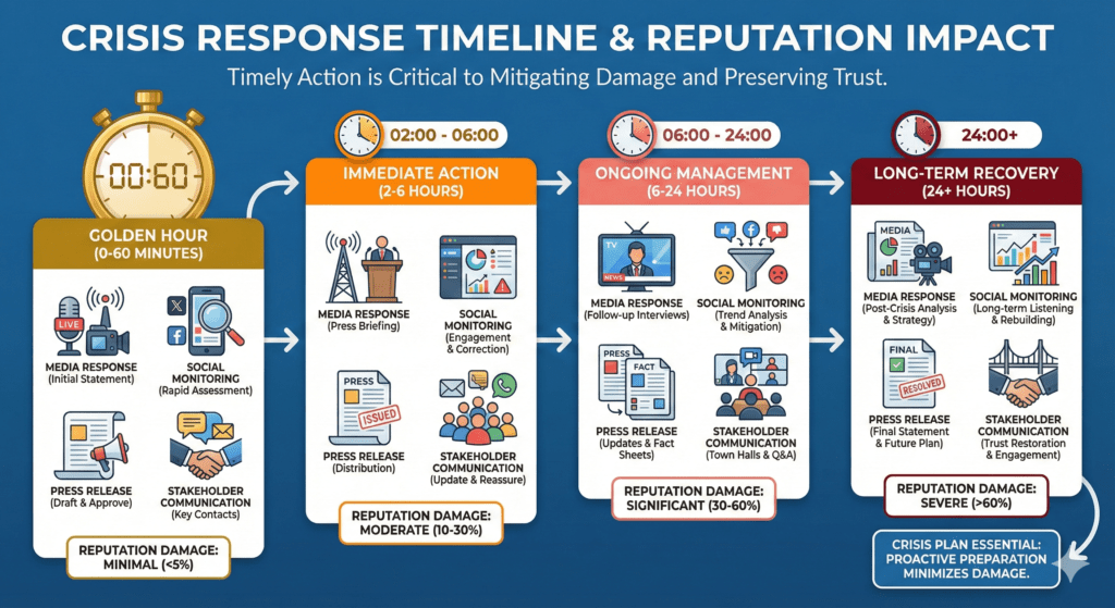 Public Relations in Crisis Management timeline infographic showing critical response windows and reputation impact of delayed crisis communication