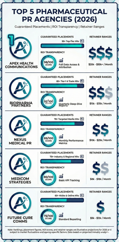 Top Pharma PR Firms comparison infographic showing 2026 rankings of Pharma PR Agencies USA with guaranteed placement data and pricing