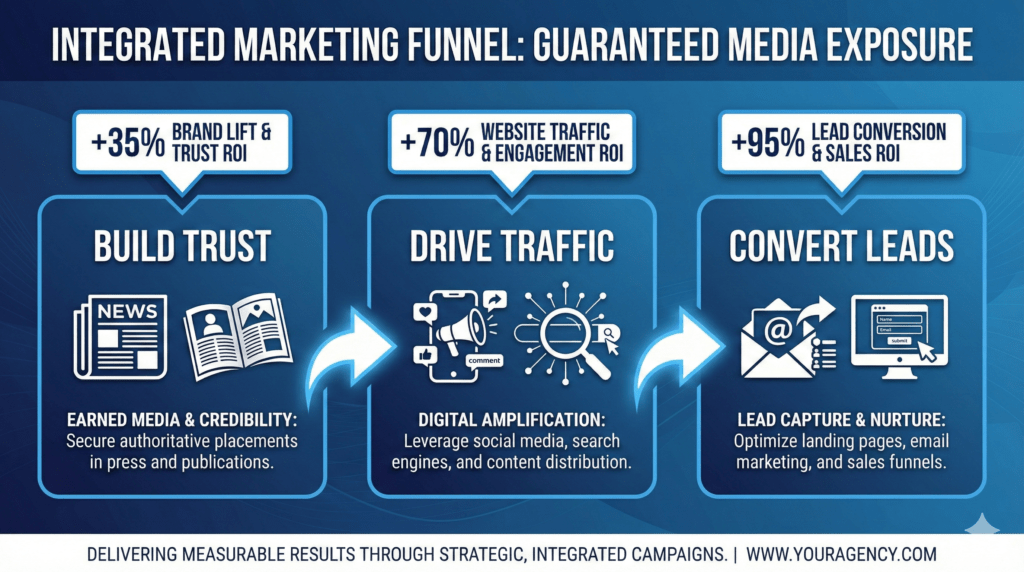 Guaranteed Media Exposure digital marketing funnel showing how guaranteed media campaigns convert earned coverage into qualified leads