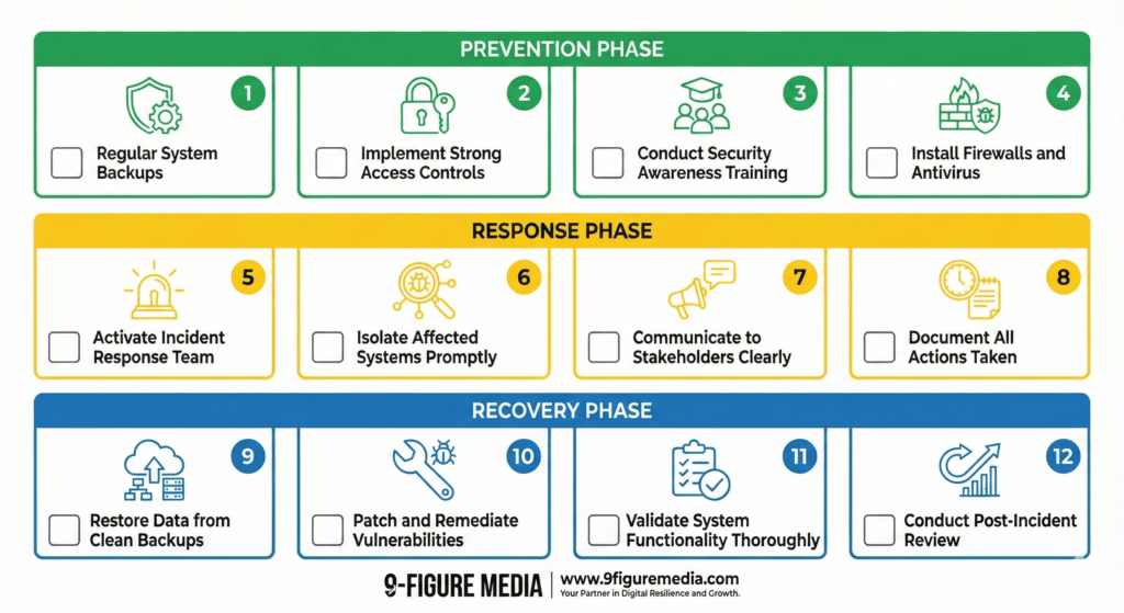 Public Relations in Crisis Management 12-step strategy checklist infographic for brand protection and crisis response planning