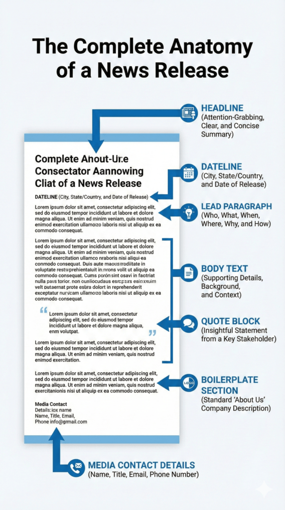 What is a news release anatomy infographic showing essential parts of a news release, including headline, dateline boilerplate, and media contact sections