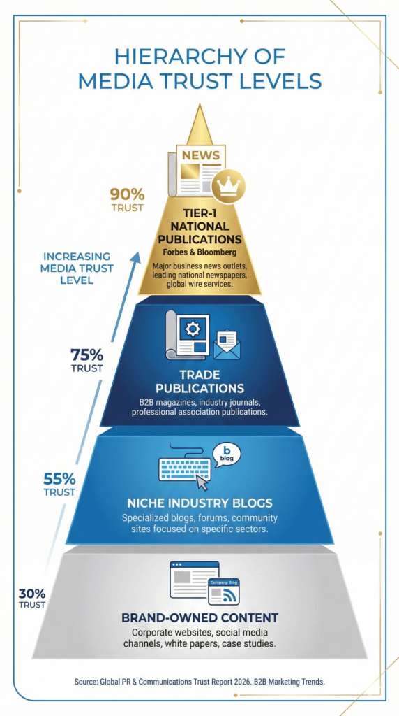Guaranteed Media Exposure trust hierarchy showing tier-1 publications deliver the highest audience trust for startups