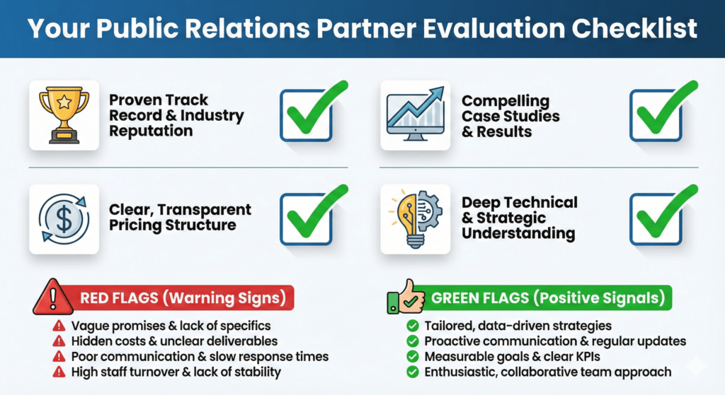 Public Relations Partner evaluation checklist infographic with five criteria for selecting the right PR agency