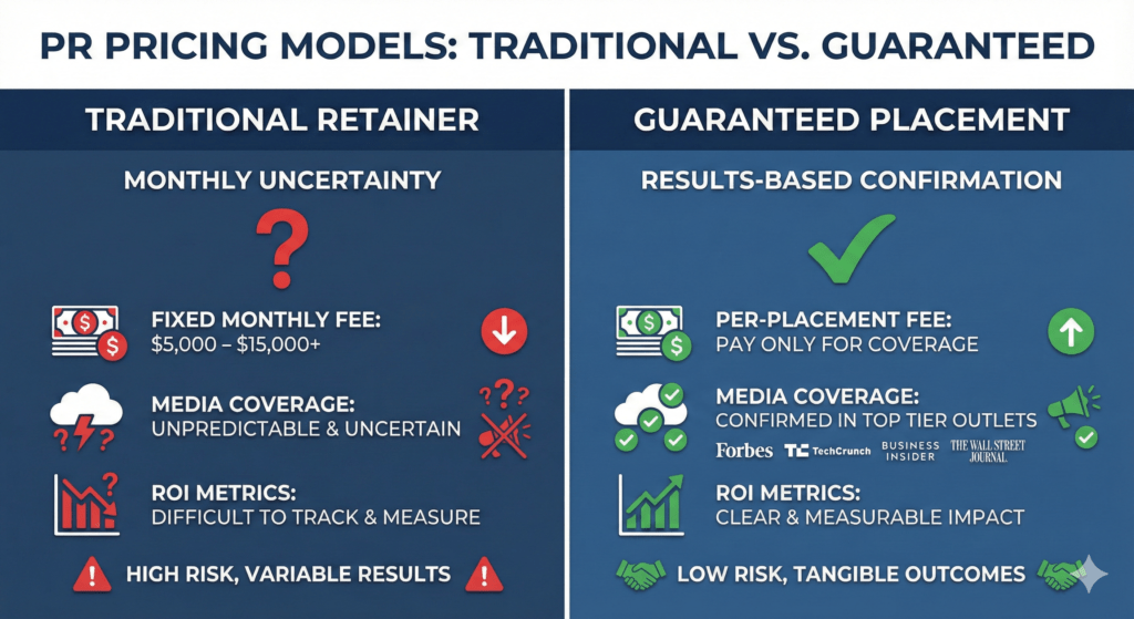 PR Firms in LA infographic comparing traditional retainer and guaranteed placement pricing models